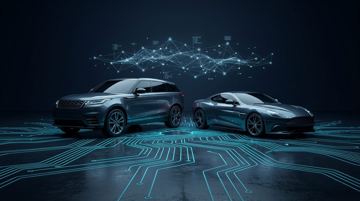 A connected rental fleet: SUV and sports car linked by a holographic network